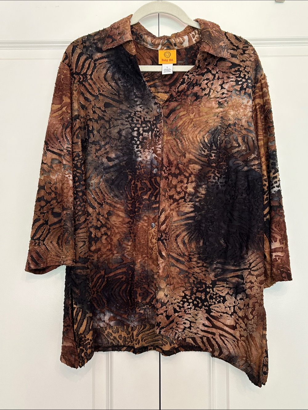 Ruby Rd. Brown and Black Abstract Animal-Print Blouse
